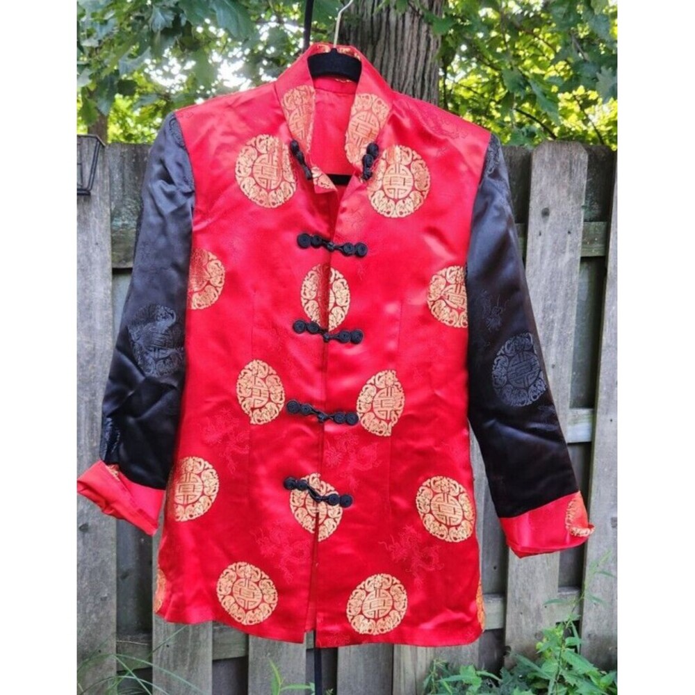 Asian Oriental Brocade Jacket Red & Black Satin Cosplay Halloween Womens
